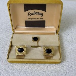 Embassy Men Gold Tone Cufflinks and Tie Tac Set in Original Box Formal Church